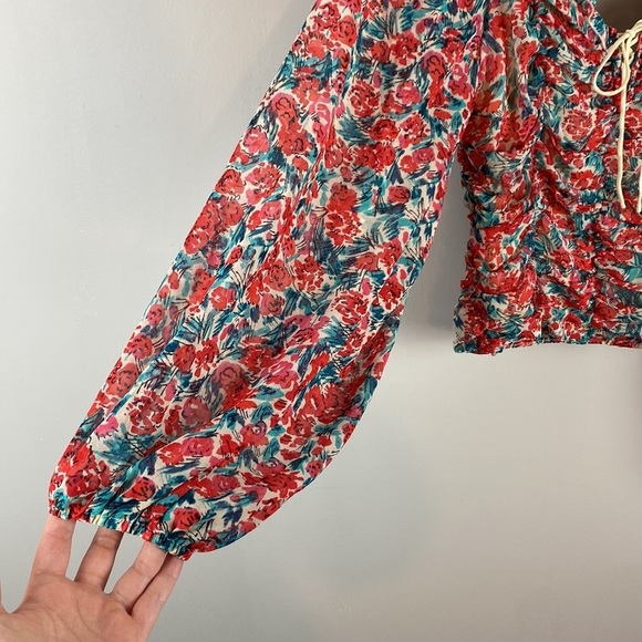 Free People Womens Mable Blouse Rose Combo Balloon Sleeve Crop Size M Milkmaid - Picture 6 of 16